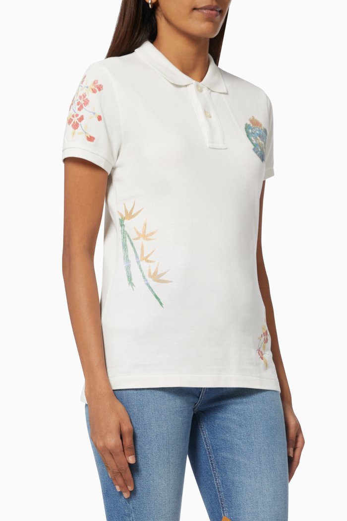 

Skinny Fit Floral Graphic Polo Shirt in Cotton Mesh, White