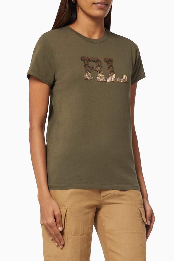 Beaded Monogram T-shirt in Cotton Jersey, Green