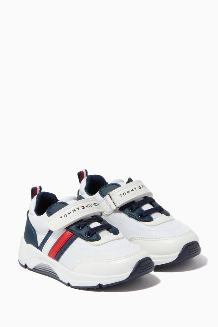Logo Flag Velcro Sneakers in Mesh & Leather, White