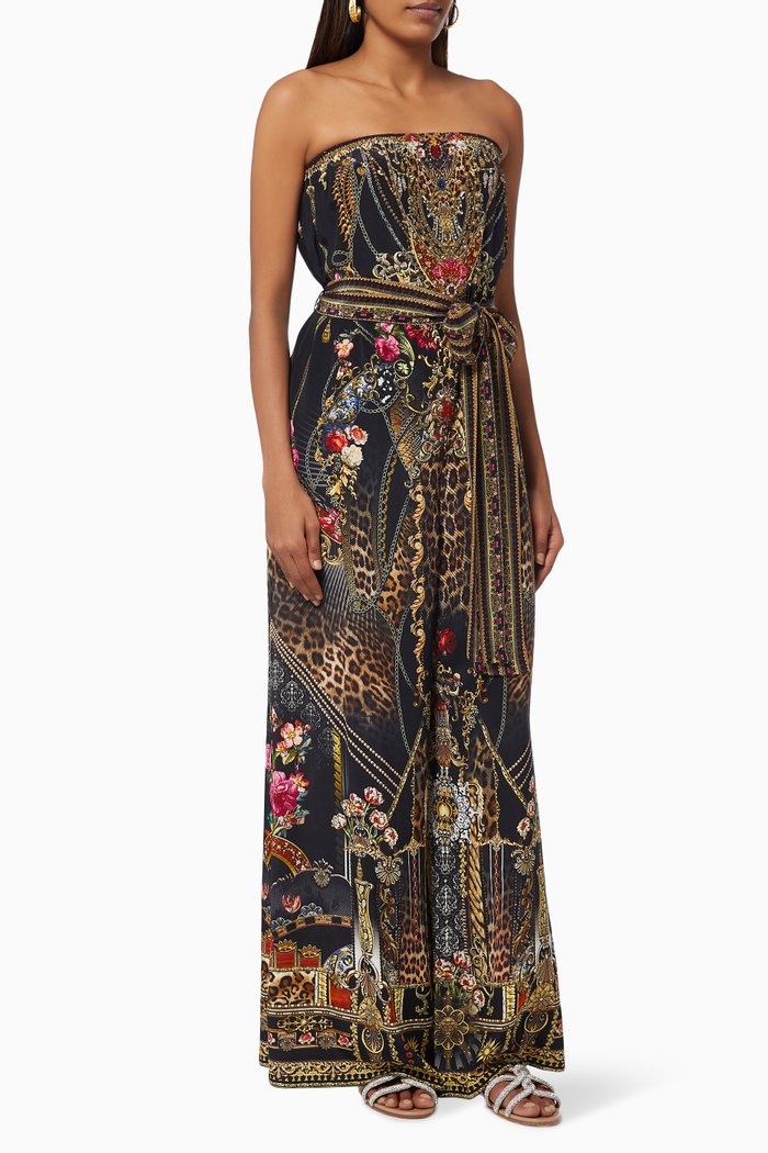

Gothic Goddess Strapless Wide Leg Jumpsuit in Silk, Multicolour