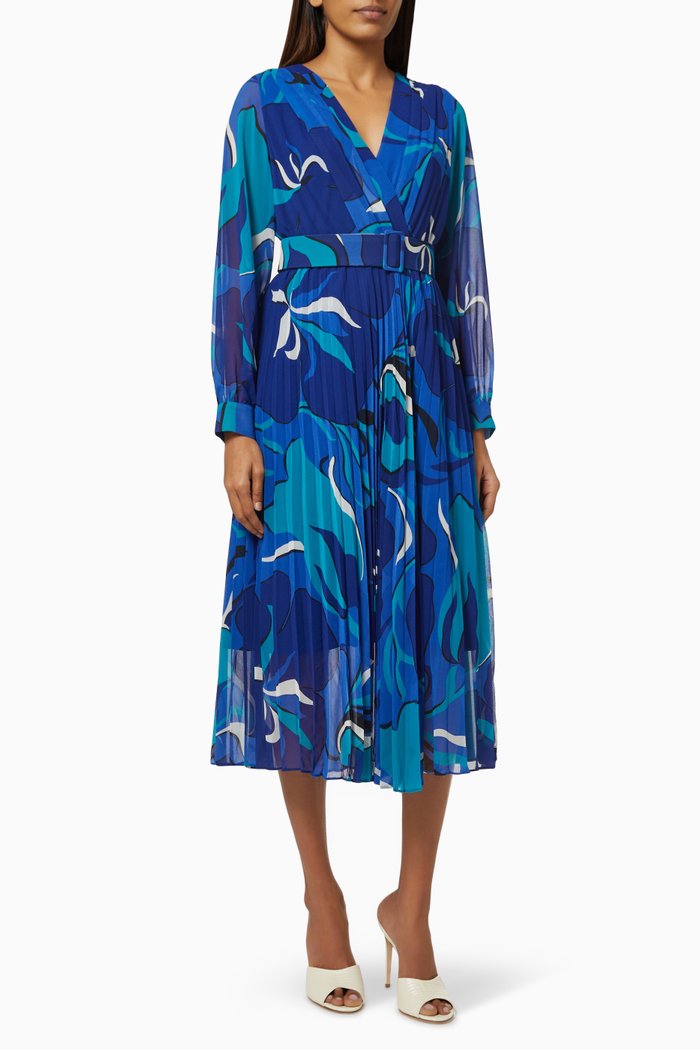 

Grolla Pleated Dress in Crepe, Blue