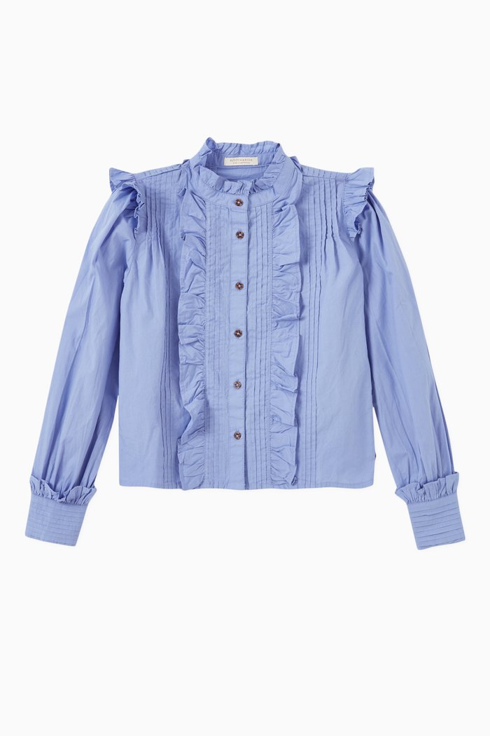 

Romantic Pleated Ruffle Shirt in Organic Cotton, Blue