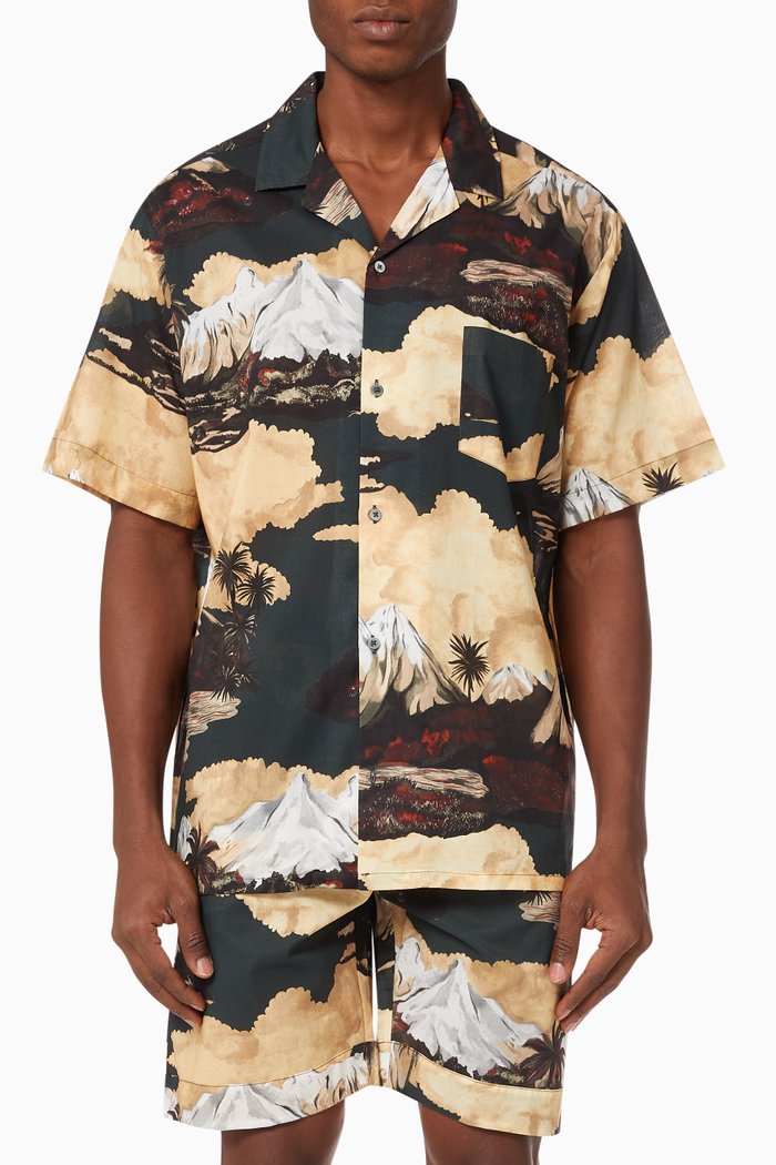 

South Island Print Cuban Pyjama Shirt in Cotton, Multicolour