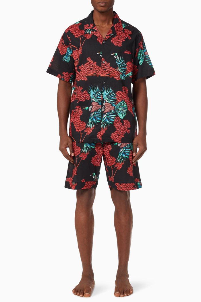 

Passerine Print Cuban Pyjama Set in Cotton, Black