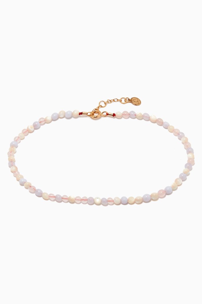 Rose Quartz, Blue Agate & Mother of Pearl Anklet in 18kt Yellow Gold