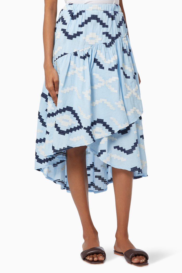 

Asymmetric Skirt in Embroidered Cotton, Blue