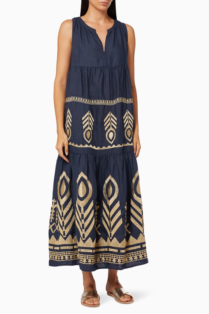 

Embroidered Tiered Dress in Linen, Blue