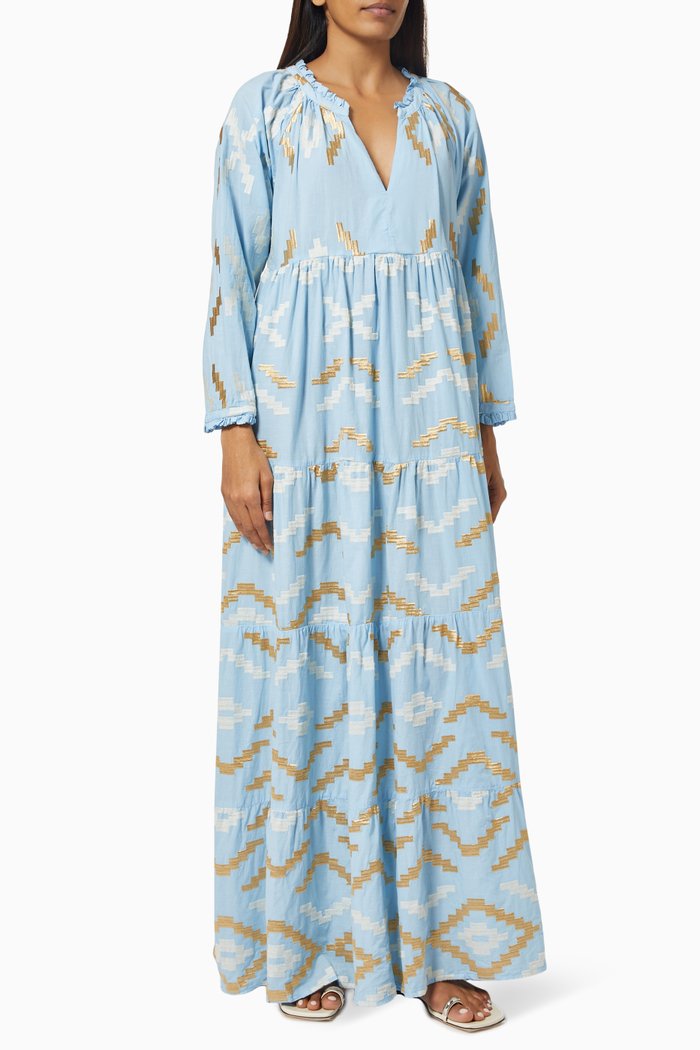 

Embroidered Tiered Dress in Cotton, Blue