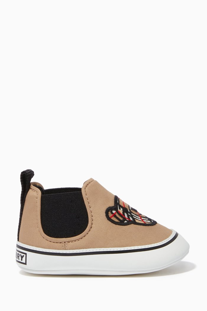 Thomas Bear Motif Booties in Cotton Gabardine, Neutral