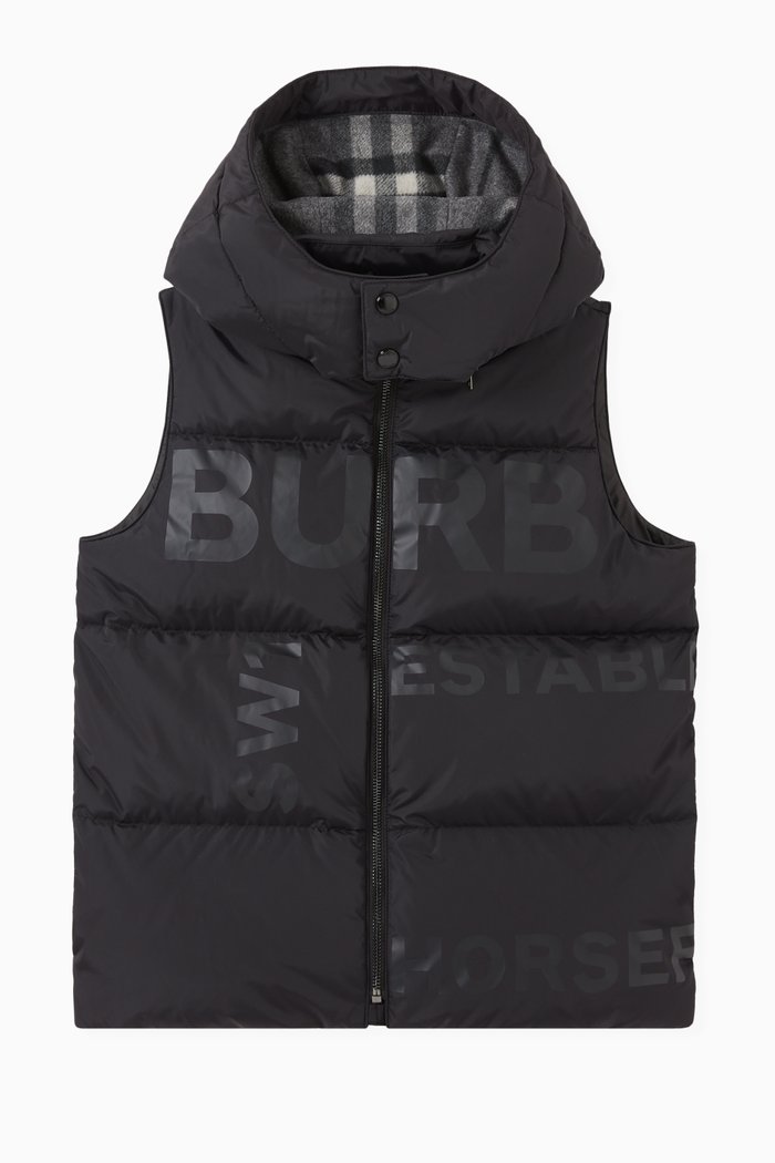 

Horseferry Print Puffer Gilet with Detachable Hood in Nylon, Black