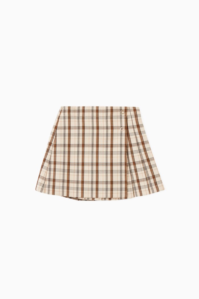 

Logo Print Pleated Skirt in Check Wool, Neutral