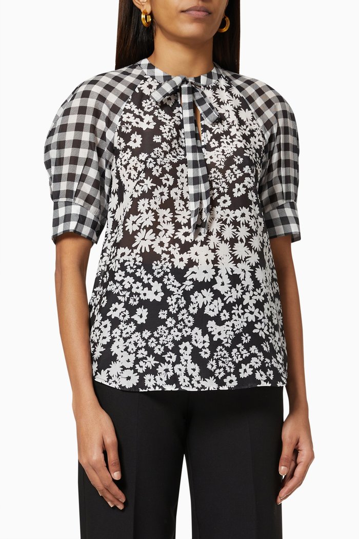 

Termale Checkered Blouse in Silk-blend Voile, Black