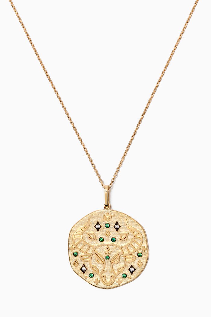 

Taurus Zodiac Necklace with Emerald & Diamond in 14kt Yellow Gold, Green