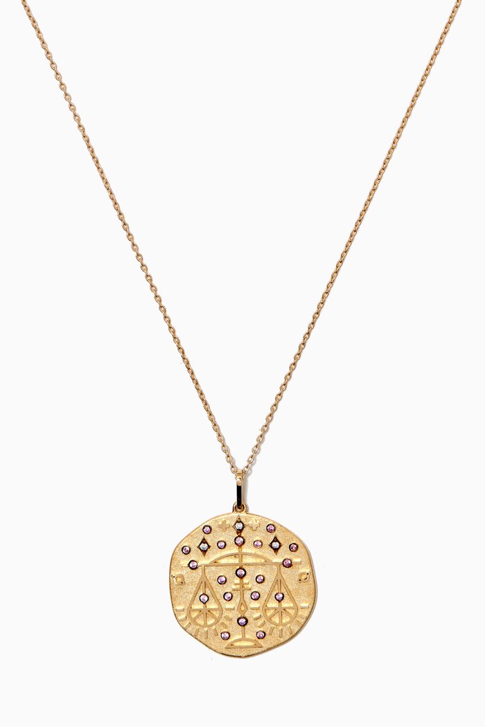 

Libra Zodiac Necklace with Pink Tourmaline & Diamond in 14kt Yellow Gold