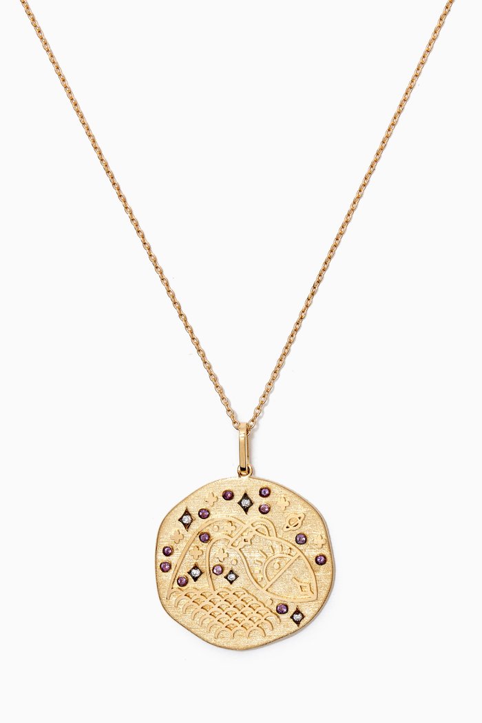 

Aquarius Zodiac Necklace with Amethyst & Diamond in 14kt Yellow Gold, Purple