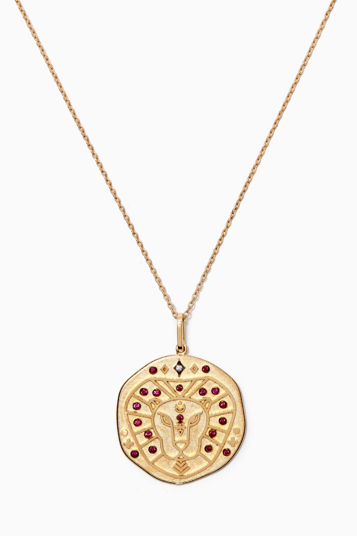 

Leo Zodiac Necklace with Ruby & Diamond in 14kt Yellow Gold, Red