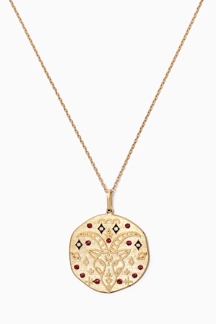 

Capricorn Zodiac Necklace with Ruby & Diamond in 14kt Yellow Gold