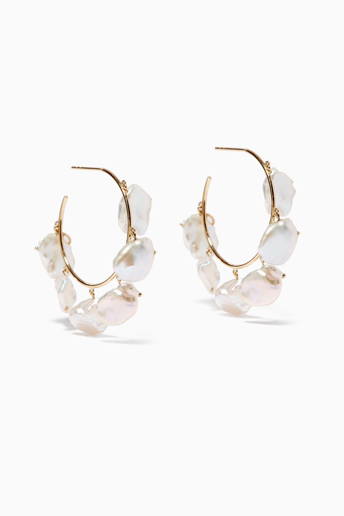 

Medium Pearl Hoops in 14kt Yellow Gold