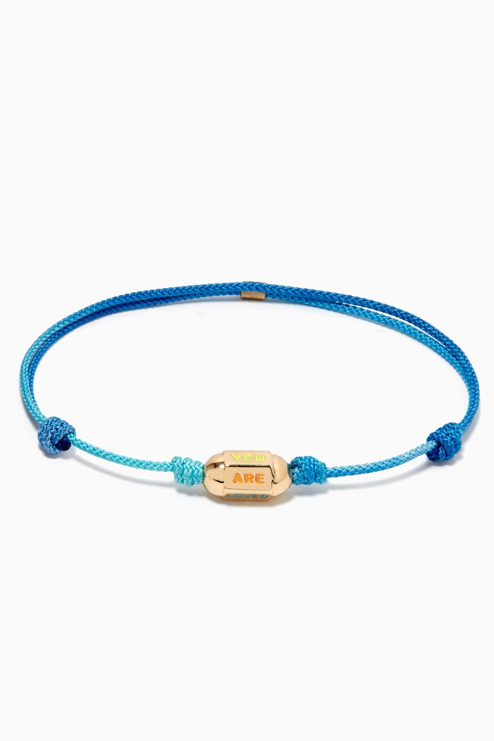 

"You Are Loved" Hexagon Bolt on Cord Bracelet in 14kt Yellow Gold, Blue