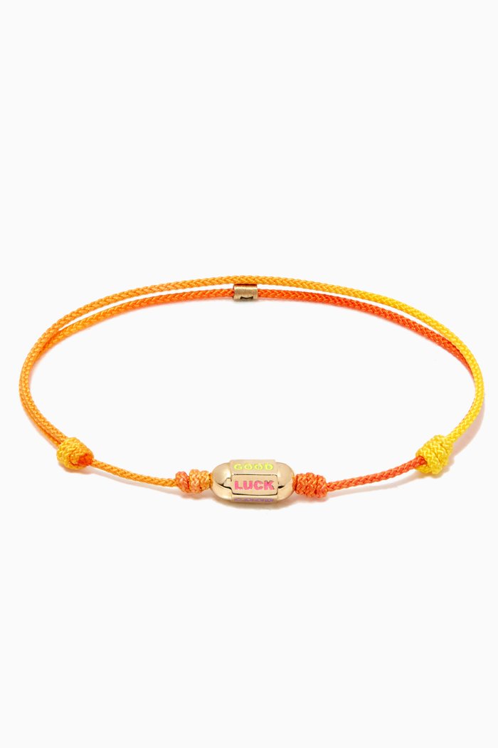 

"Good Luck" Hexagon Bolt on Cord Bracelet in 14kt Yellow Gold, Orange