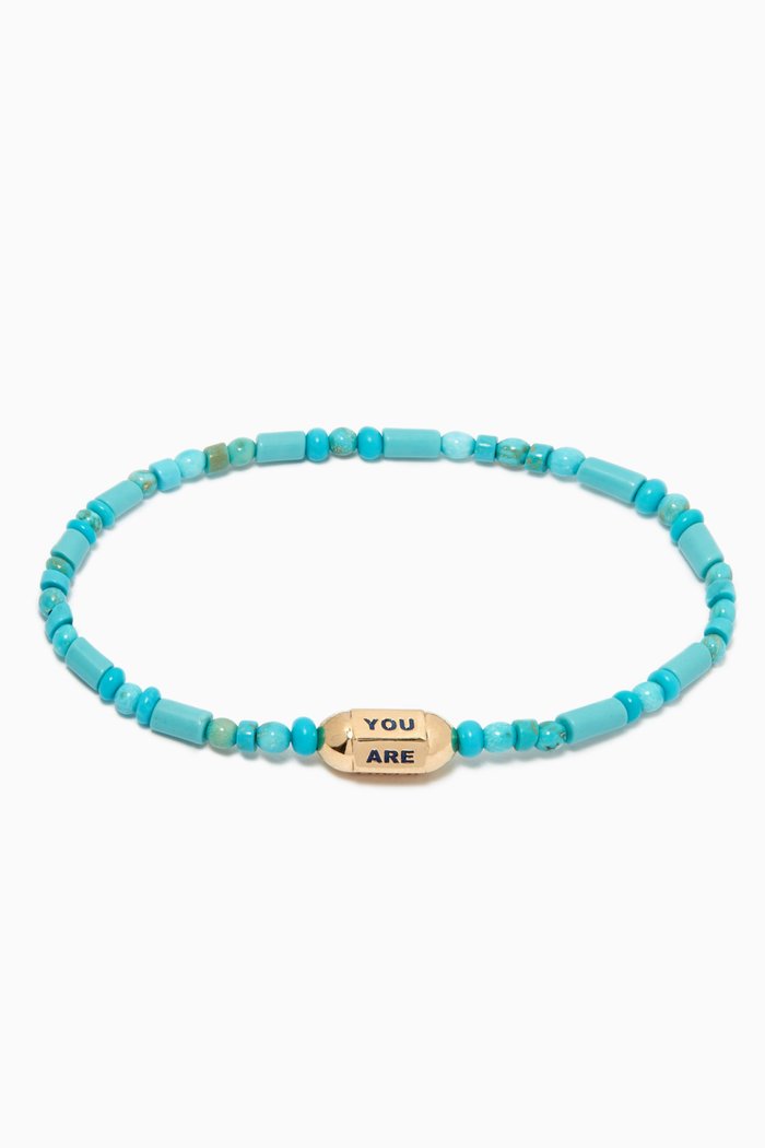 

"You Are Loved" Hexagon Bolt Beaded Bracelet in 14kt Yellow Gold, Blue