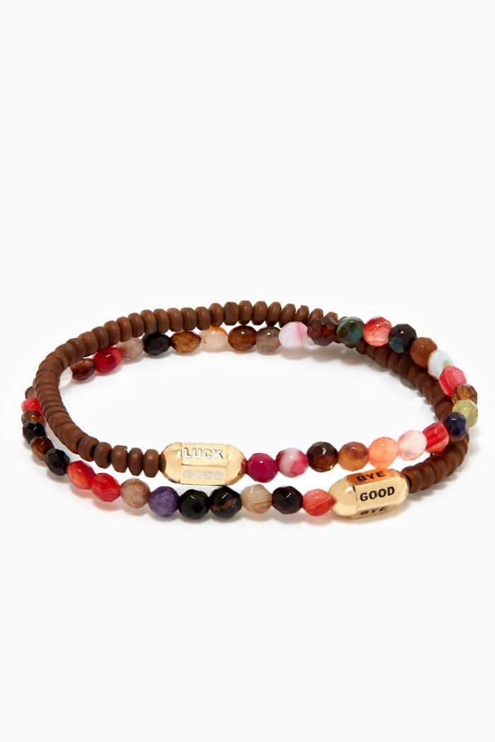 

"Good Luck" & "Good Bye" Hexagon Bolt Double Wrap Beaded Bracelet in 14kt Yellow Gold, Pink