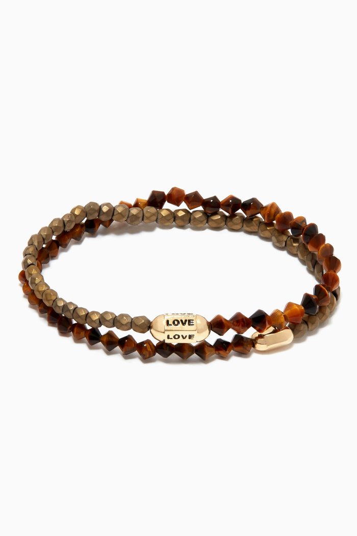 "Love" Hexagon Bolt Double Wrap Beaded Bracelet in 14kt Yellow Gold, Brown