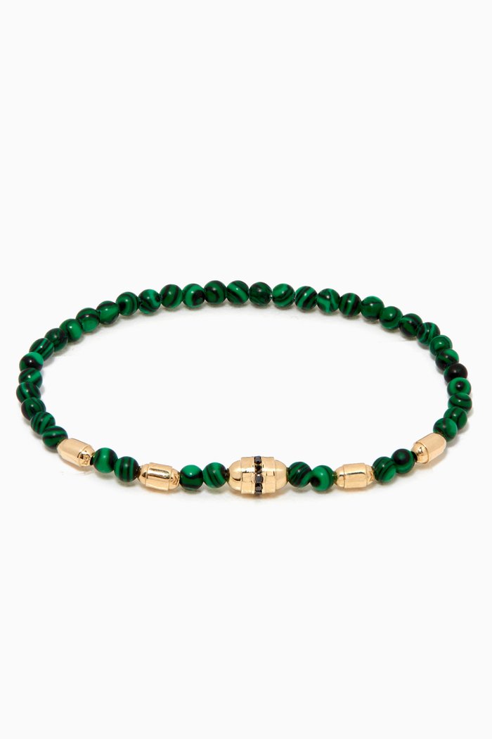 

Round Bolt with Black Diamonds Beaded Bracelet in 14kt Yellow Gold, Green