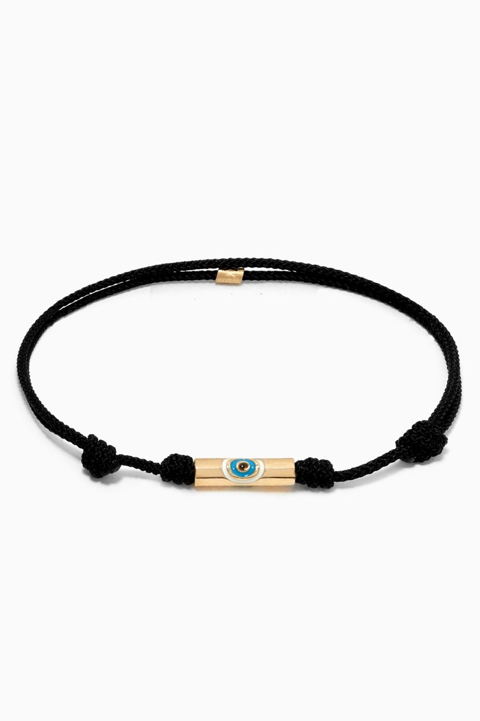 

Evil Eye Tube on Cord Bracelet in 14kt Yellow Gold, Black