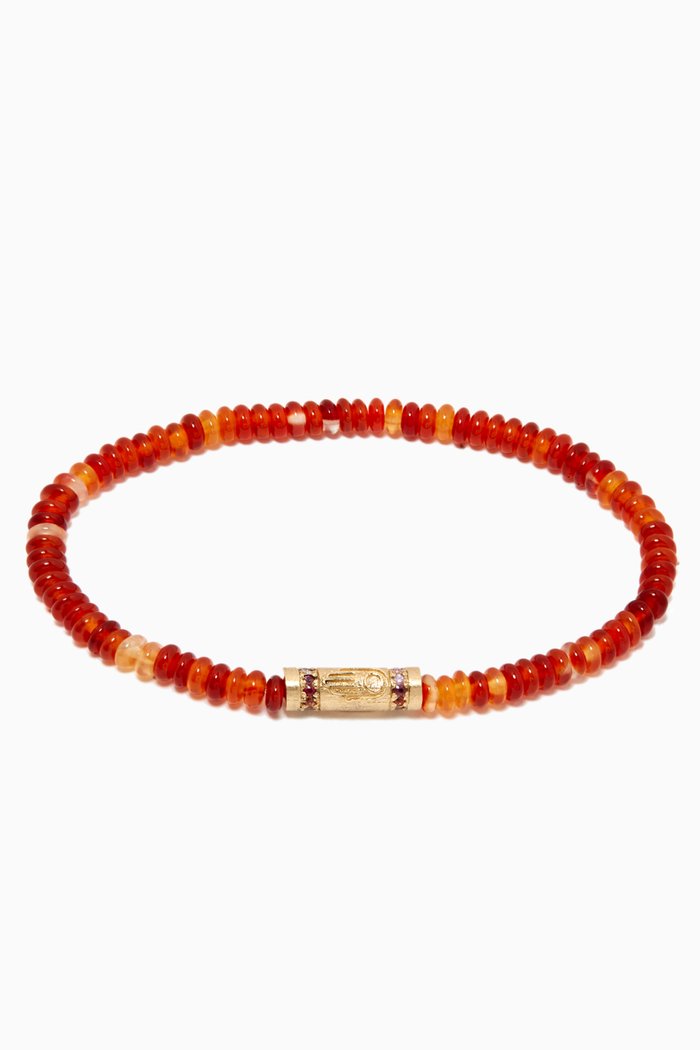 Hamsa Relief with Rainbow Sapphires Beaded Bracelet in 14kt Yellow Gold, Red