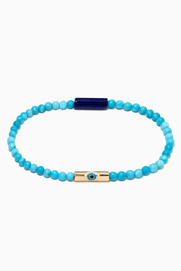 

Evil Eye Tube Beaded Bracelet in 14kt Yellow Gold, Blue