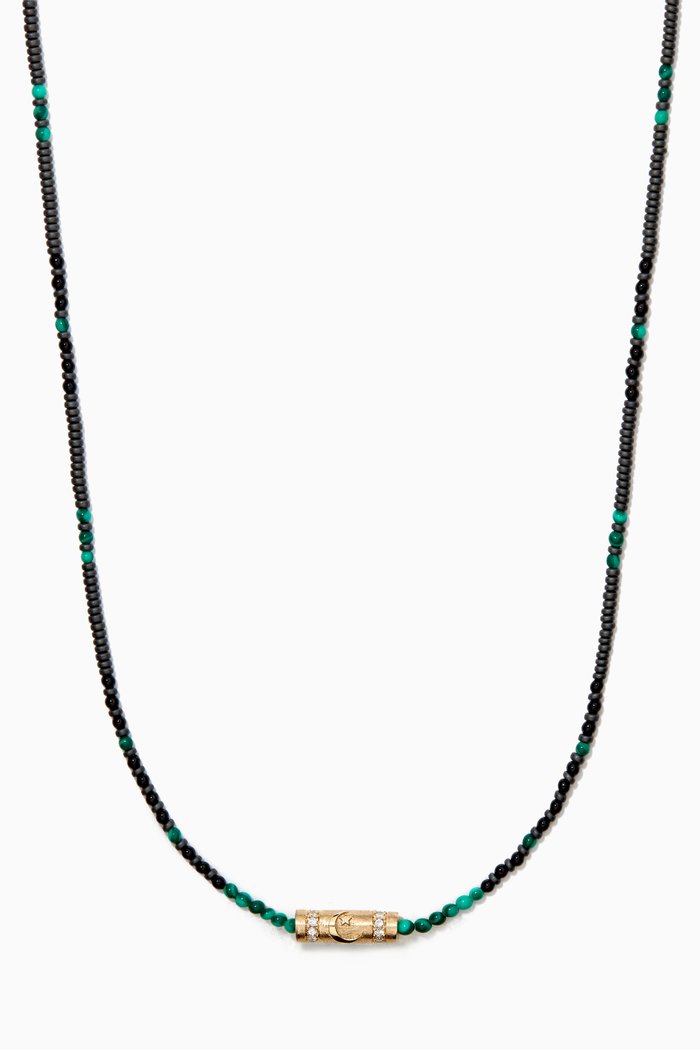 

Moon & Star Relief with Diamonds Beaded Necklace in 14kt Yellow Gold, Green