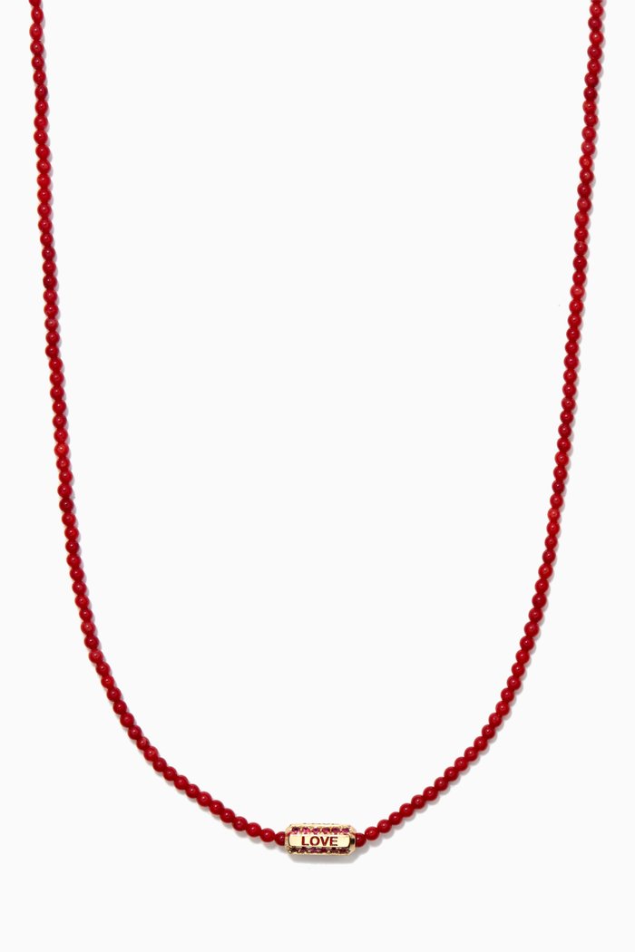 

"Love" Hexagon Bolt with Rubies Beaded Necklace in 14kt Yellow Gold, Red
