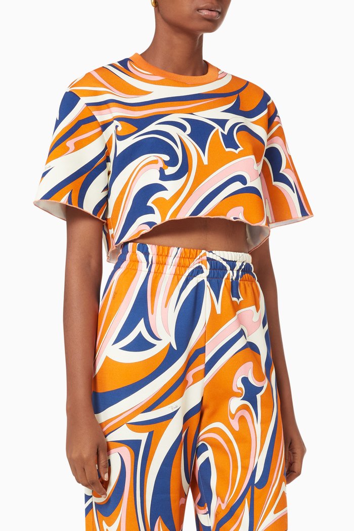 

Nuages-Print Cropped Sweatshirt in Cotton Fleece, Orange