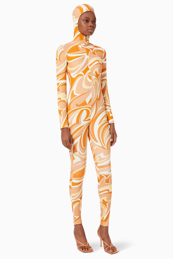 

Nuages Print Hooded Jumpsuit in Stretch Nylon, Orange