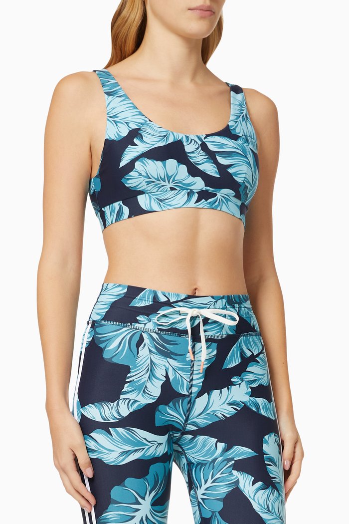

Malibu Palm Print Sports Bra in Stretch Cotton, Blue
