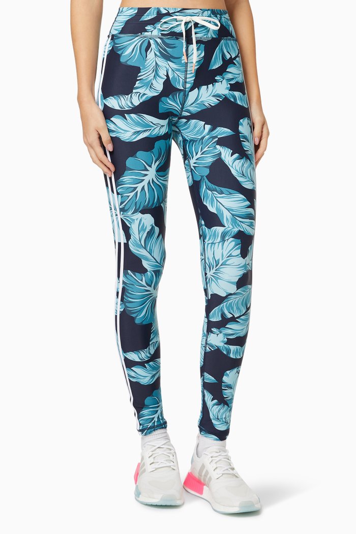 Palm Print Yoga Pants in Stretch Cotton, Blue