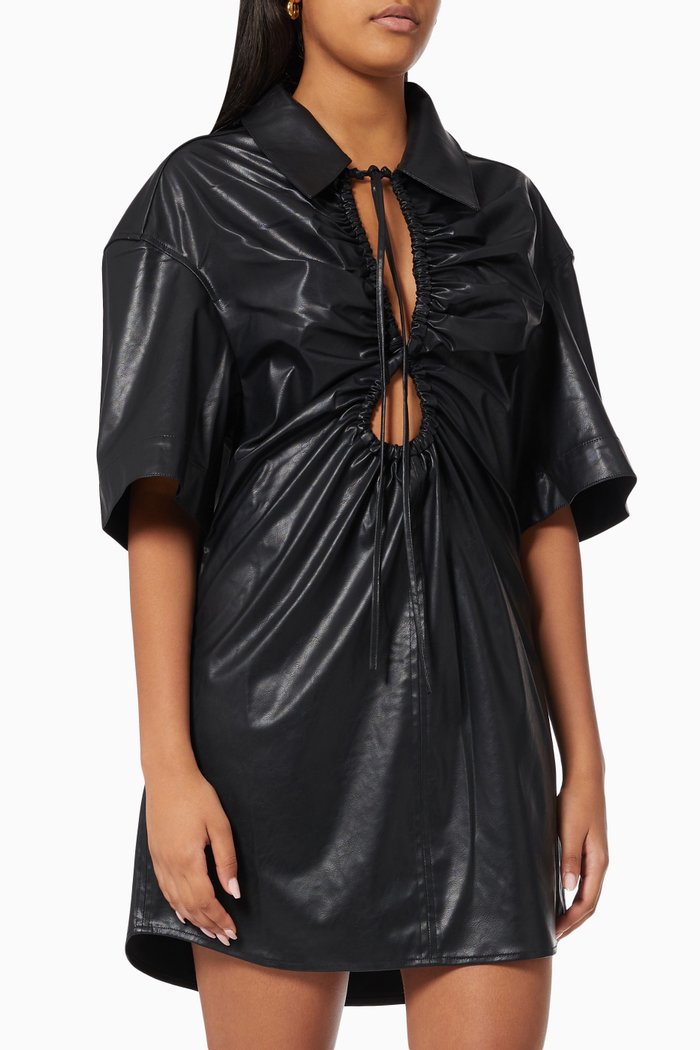 

Ruched Mini Dress in Vegan Leather, Black