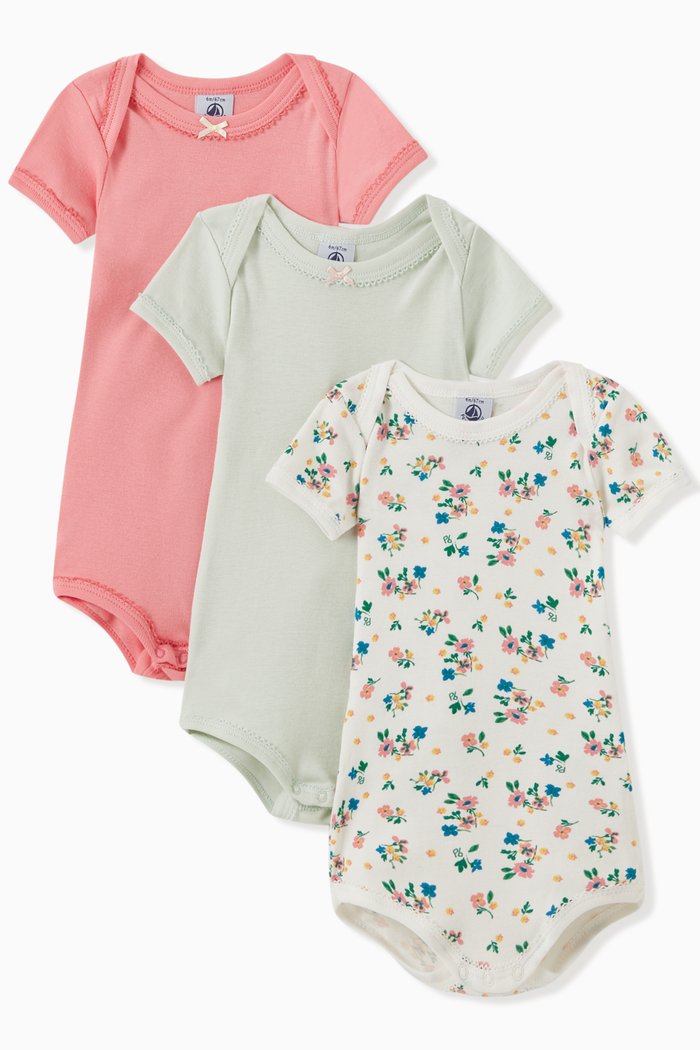 

Short Sleeve Bodysuit in Floral Organic Cotton Rib Knit, Set of 3, Multicolour