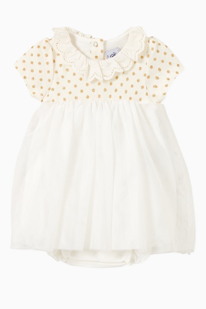 

Bodysuit Dress in Glitter Polka Cotton Linen & Tulle, White