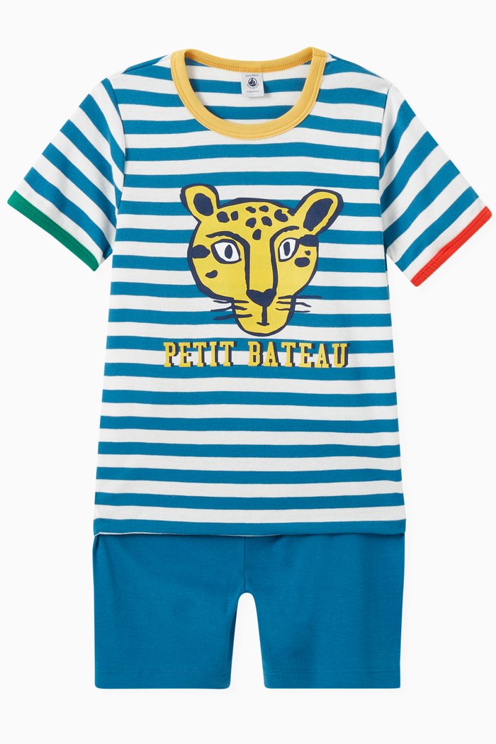 Panther Short Pyjama in Striped Cotton Rib Knit, Blue