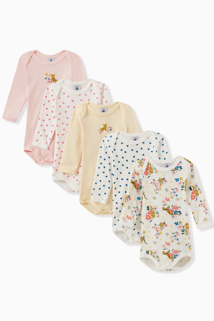 

Long Sleeve Bodysuit in Floral Panther & Spotted Cotton Rib Knit, Set of 5, Multicolour