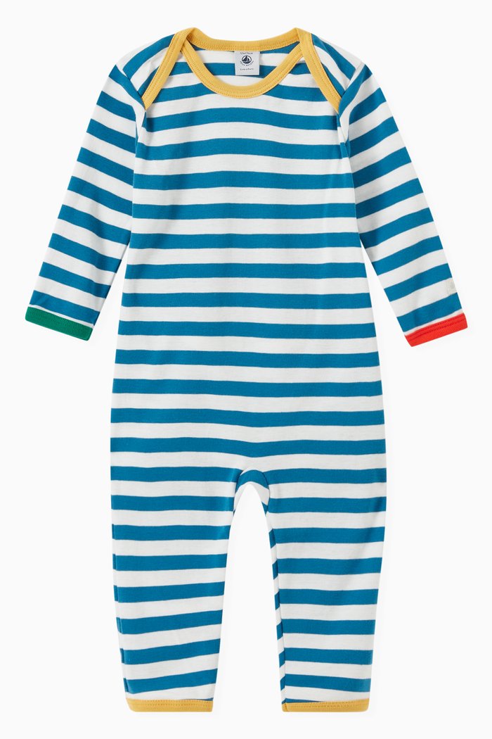 

Buttonless Footless Sleepsuit in Striped Cotton Rib Knit, Blue
