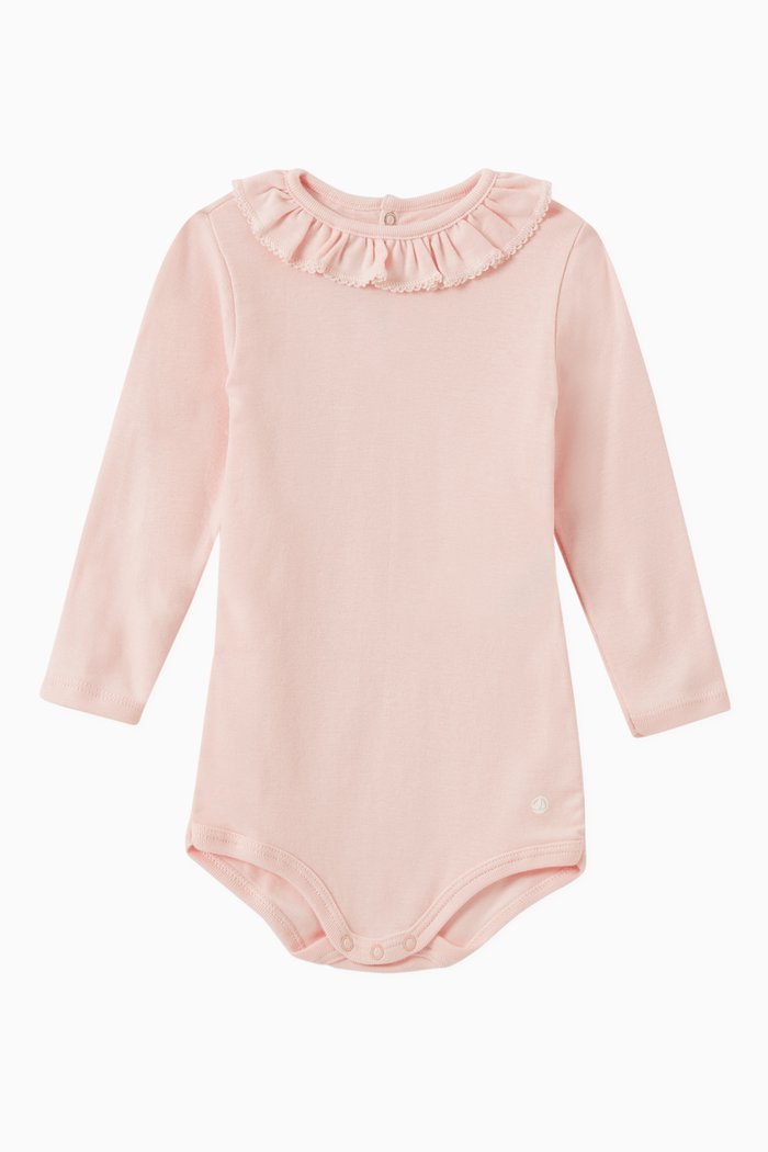 

Long Sleeve Ruffle Bodysuit in Cotton Rib Knit, Pink