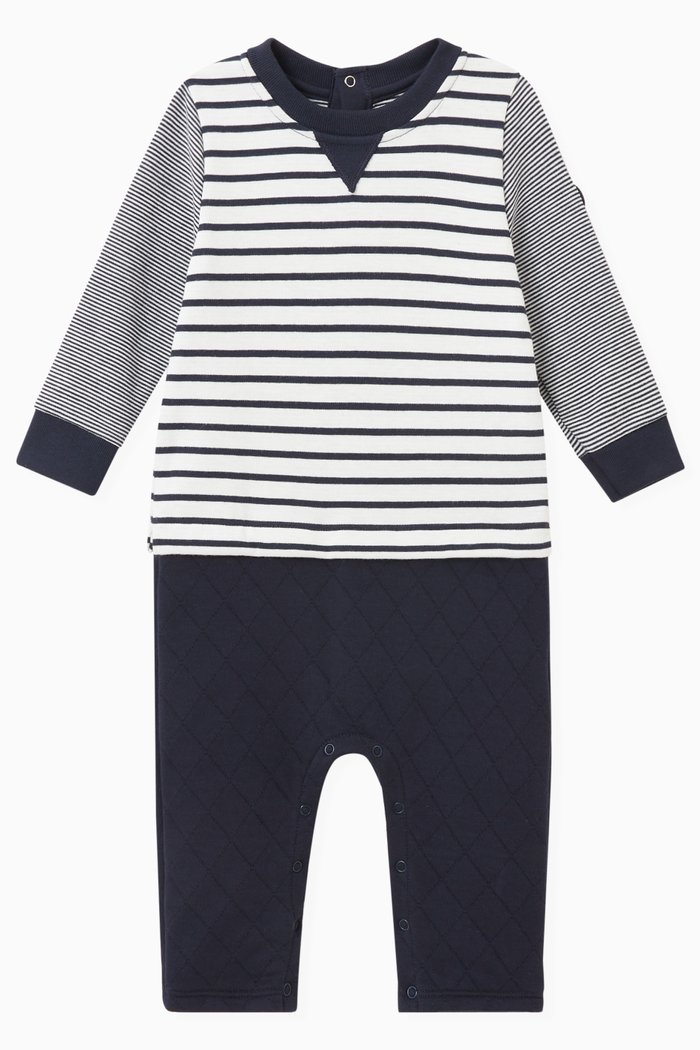 

Iconic Footless Jumpsuit in Sailor Stripes Cotton Knit, Blue