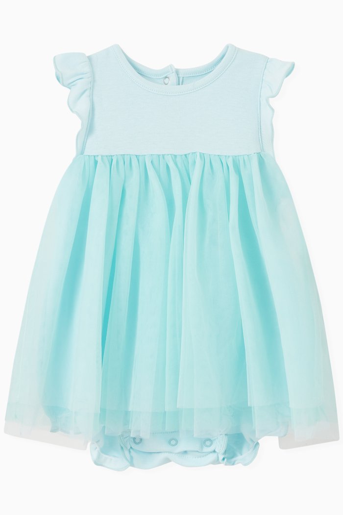 Bodysuit Dress in Cotton Rib Knit & Tulle, Blue