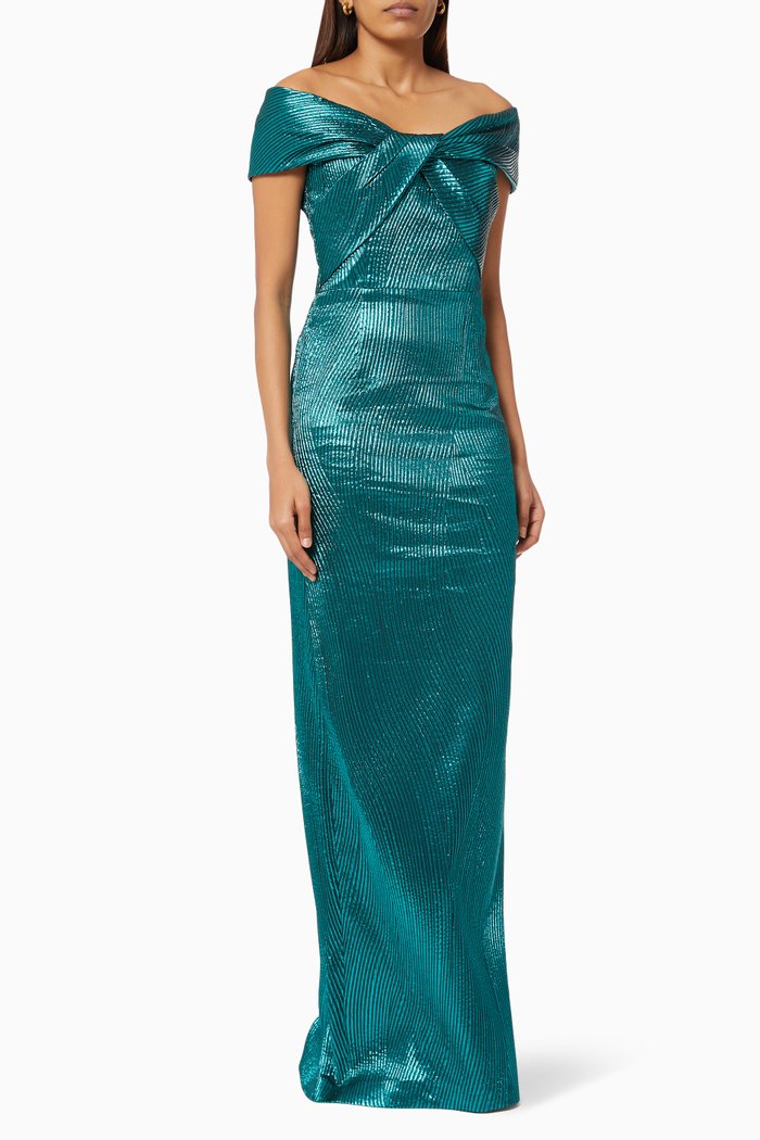 

Off Shoulder Gown in Jacquard, Green