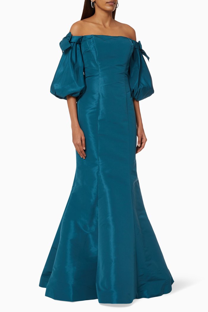 Trumpet Off Shoulder Gown in Taffeta, Blue