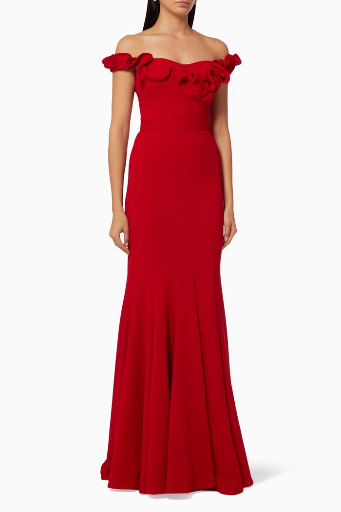 

Ruffle Off-shoulder Gown in Crepe, Red