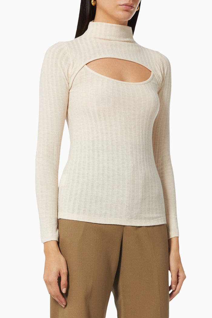 

Mockneck Open Back Slim Top in Rib Knit, Neutral